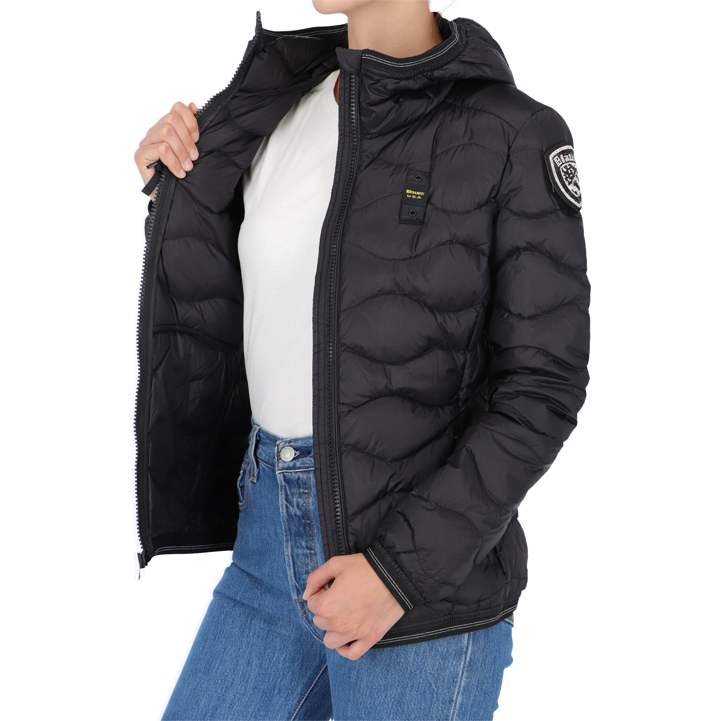 Blauer Giubbino Corto Sfoderato In Nylon Stretch Con Cappuccio, Giacca Donna Tecnica E Fashion